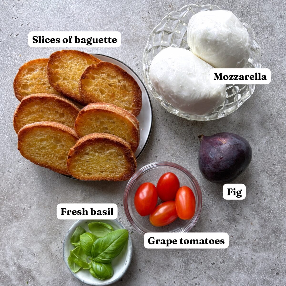 Slices of baguette, mozzarella balls, a fig, grape tomatoes, and fresh basil leaves are arranged on a gray surface, each item labeled.