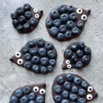 No-Bake Chocolate Hedgehog Treats shaped with blueberries and candy eyes are arranged to resemble hedgehogs on a grey textured surface.