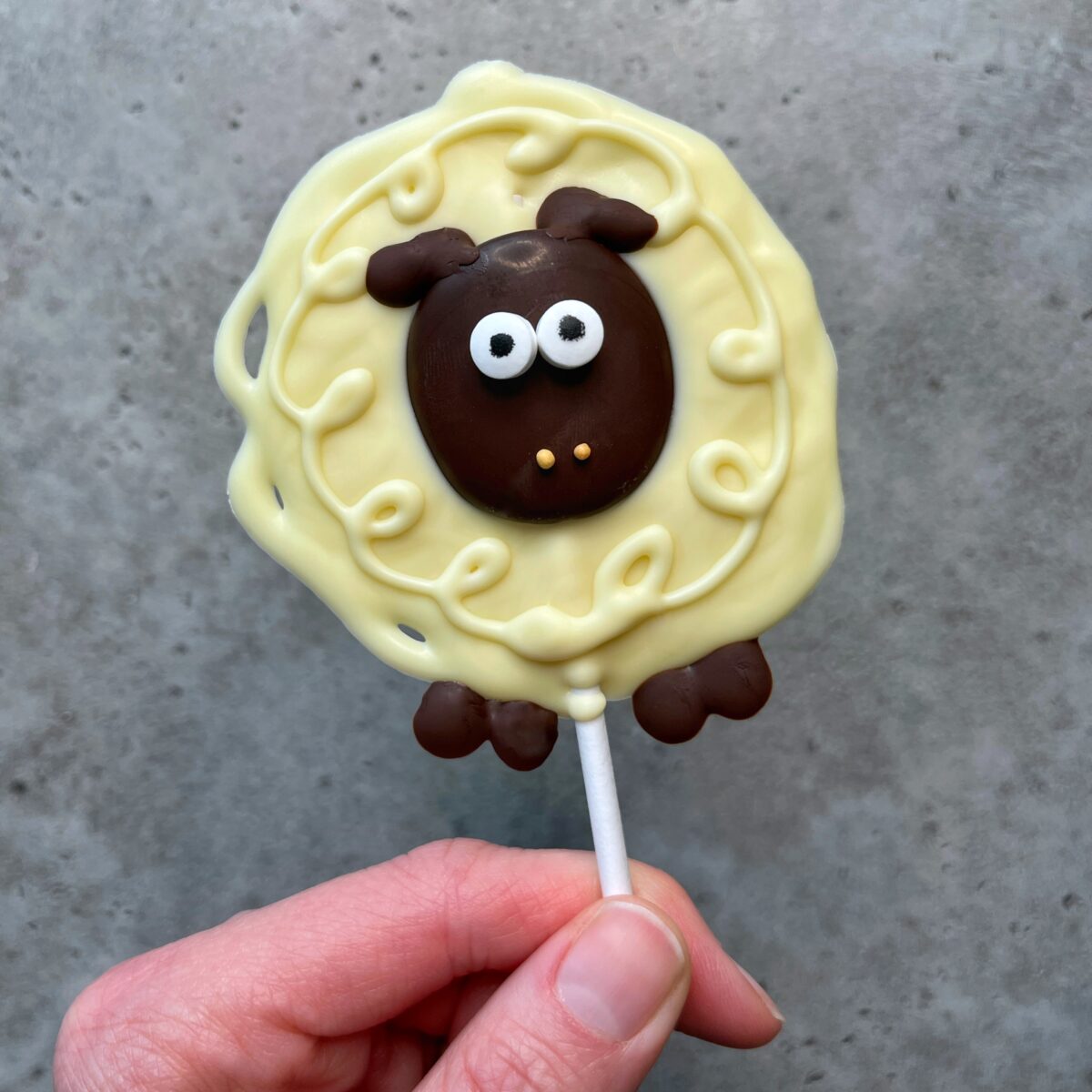 A hand holds a lollipop decorated to look like a sheep, with a dark chocolate face, white chocolate eyes, and a swirled white chocolate body—an adorable bite perfect for creative food recipes—against a gray background.