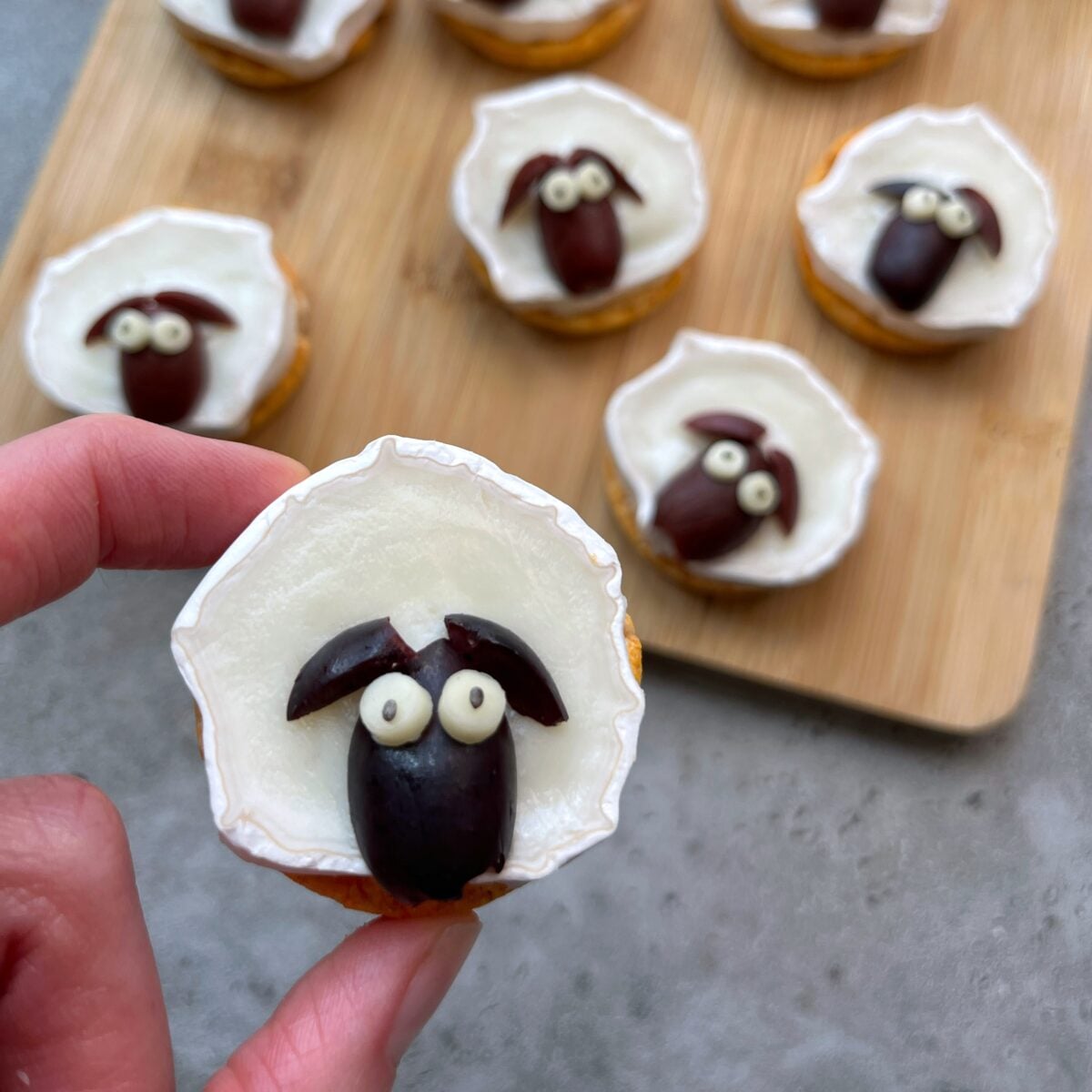Goat cheese appetizer with an olive face and ears to resemble a lamb.