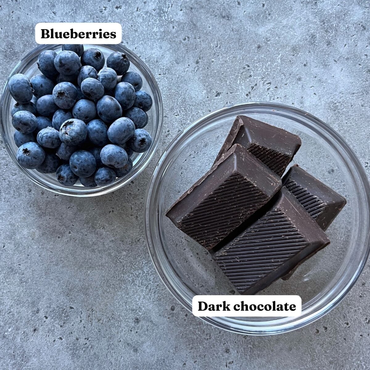 Two glass bowls sit on a gray surface: one filled with plump blueberries, the other with rectangular pieces of dark chocolate. Labels identify each bowl.