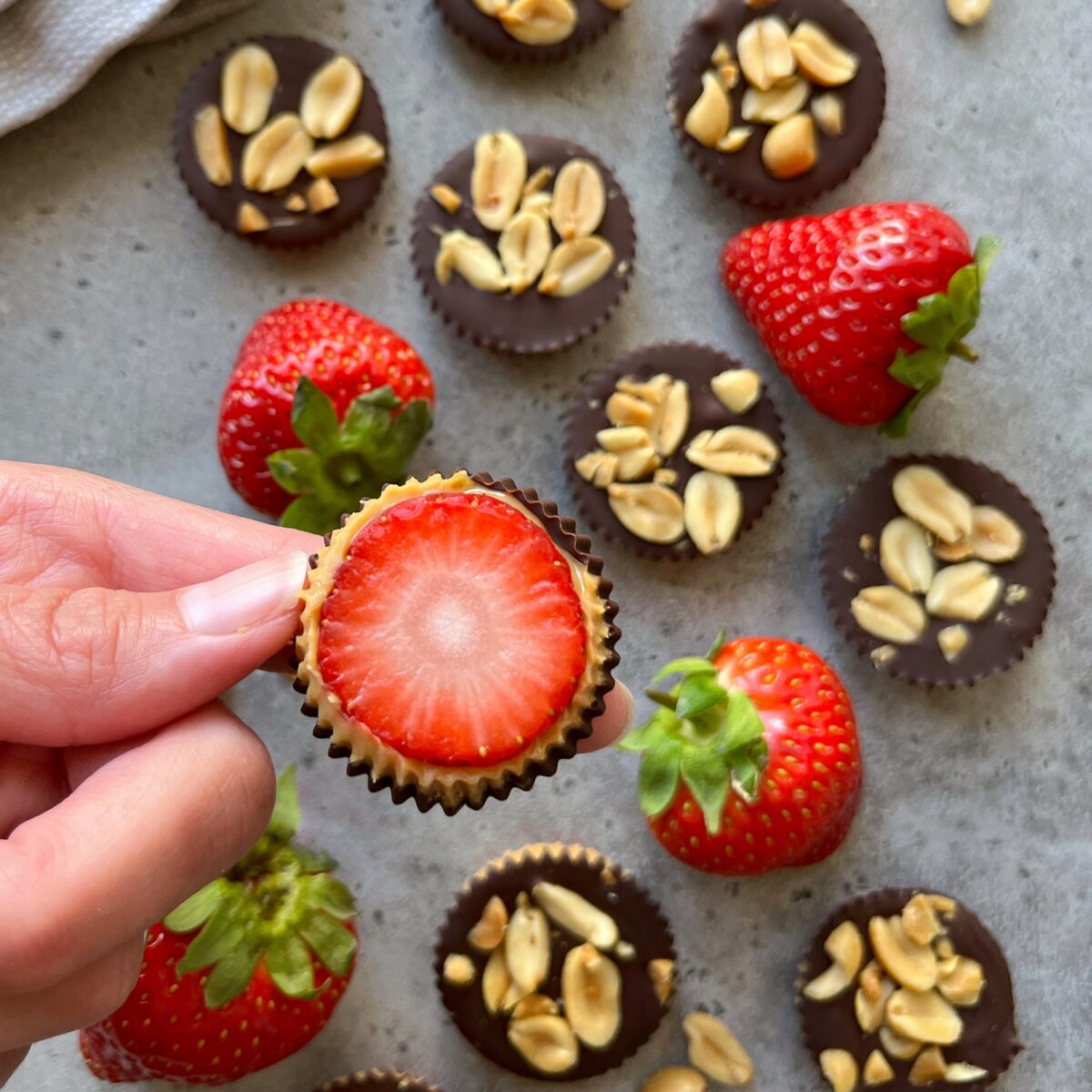 Hand holding a chocolate cup with a halved strawberry, surrounded by whole strawberries and strawberry Snickers-inspired chocolate cups topped with peanuts on a gray surface.