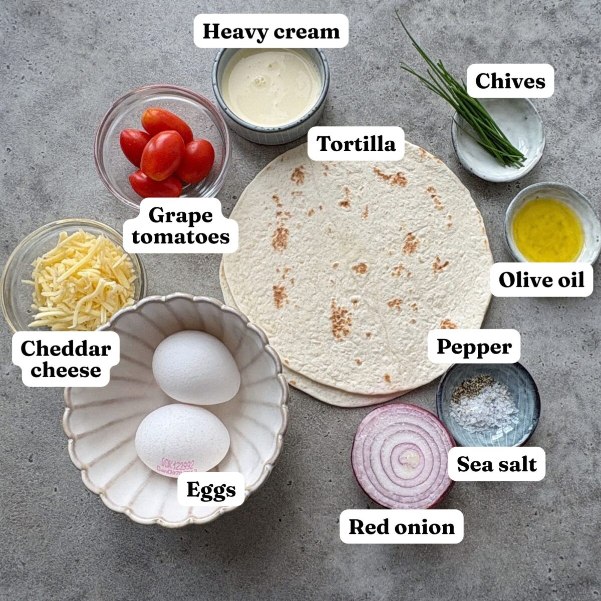 Ingredients arranged on a gray surface including tortilla, grape tomatoes, cheddar cheese, and eggs.