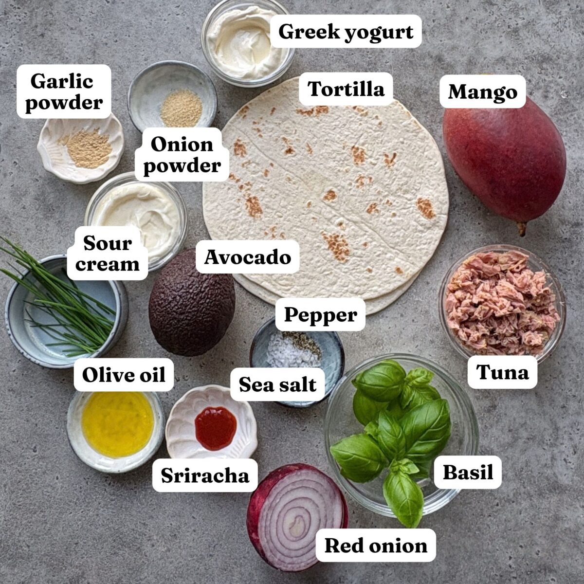 Featured ingredients on a gray surface including tortilla, tuna, and mango.