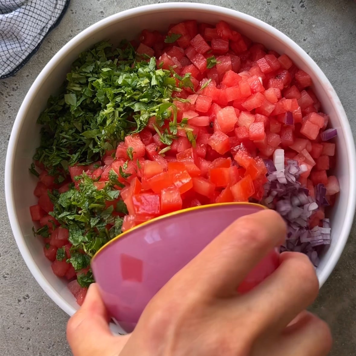 A hand adds diced tomatoes to a bowl containing chopped watermelon, red onion, and fresh herbs on a gray countertop.