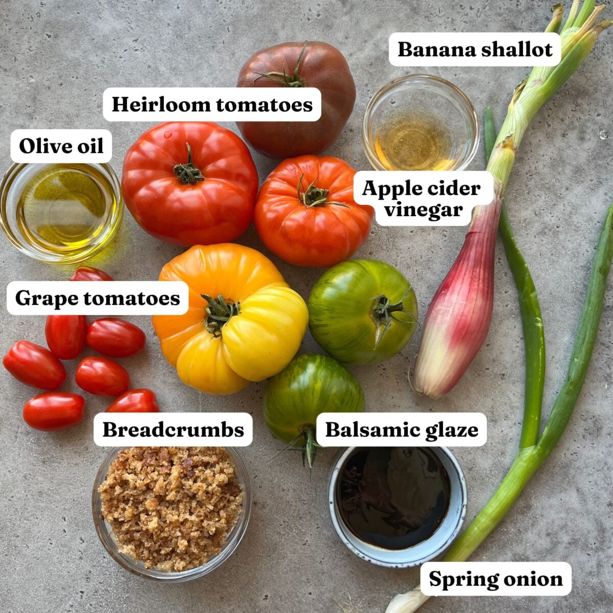 Assorted heirloom and grape tomatoes, a banana shallot, spring onion, olive oil, apple cider vinegar, balsamic glaze, and breadcrumbs arranged on a grey surface, each labeled.