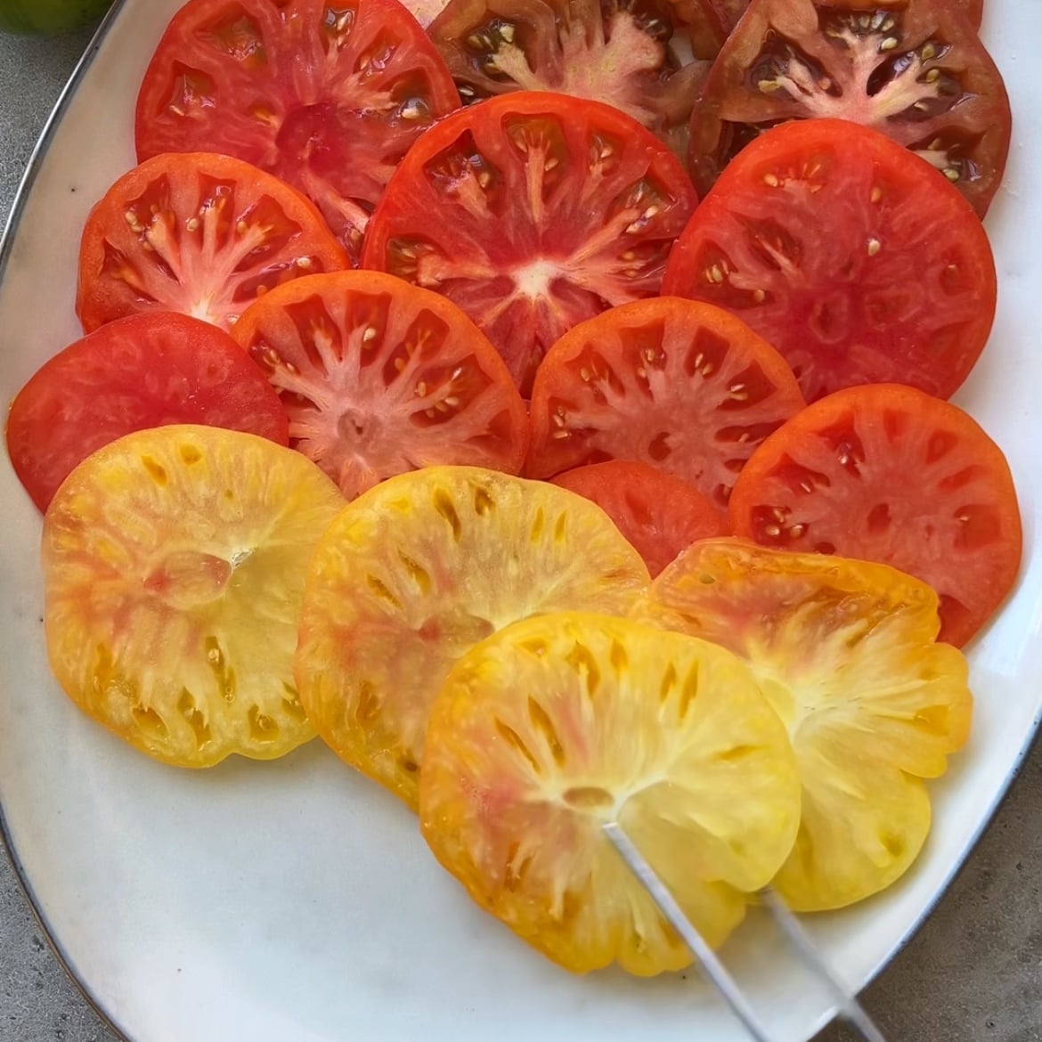 A plate with thinly sliced red, orange, and yellow heirloom tomatoes arranged in overlapping rows.
