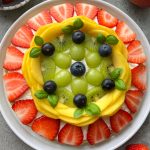 A plate topped with neatly arranged fresh fruit forms a colorful circular pattern—like a vibrant fruit pizza—with rings of sliced strawberries, mango slices, kiwi rounds, green grapes, blueberries, and basil leaves in the center.