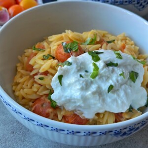 A bowl of orzo pasta mixed with cherry tomatoes, inspired by baked burrata pasta, topped with a generous dollop of creamy burrata cheese and garnished with chopped fresh basil.