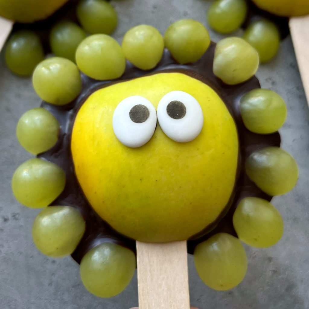 A yellow apple slice with candy eyes and green grapes arranged around it to look like a cartoon lion face on a popsicle stick—this playful bite makes healthy food fun for kids, perfect for creative recipes or snack dishes. Set on a gray surface.