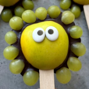 A yellow apple slice with candy eyes and green grapes arranged around it to look like a cartoon lion face on a popsicle stick—this playful bite makes healthy food fun for kids, perfect for creative recipes or snack dishes. Set on a gray surface.