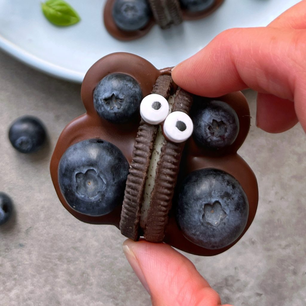A hand holds a butterfly-shaped treat made from a chocolate-covered cookie with blueberries as wings and two small candy eyes on top—one of those creative food recipes that turns treats into playful bites. Other blueberries and a plate are in the background.