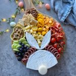A festive Easter charcuterie board shaped like a bunny face, made with brie cheese, meat slices for the ears, crackers, nuts, tomatoes, fruit, and cheese cubes, all decorated with Easter eggs and fairy lights.