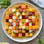 A plate with a colorful prosciutto melon salad featuring neatly cubed melon, watermelon, mozzarella, and rolled prosciutto, garnished with fresh mint leaves and ground pepper, all arranged on a light sauce.