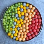 A round tray neatly arranged with colorful fruit bites—including green grapes, kiwi, dragon fruit, yellow melon, cantaloupe, and watermelon—creates a gradient rainbow effect on a gray surface. Perfect for health-conscious food recipes.