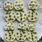 Six snowman-shaped bites with white chocolate and dark spots, decorated with candy eyes, orange noses, black buttons, and green candy scarves, are arranged on a decorative white plate with snowflake patterns—perfect for festive food recipes.