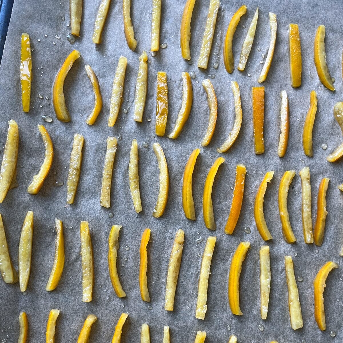 Rows of candied orange peel strips are laid out on parchment paper, drying in a single layer.