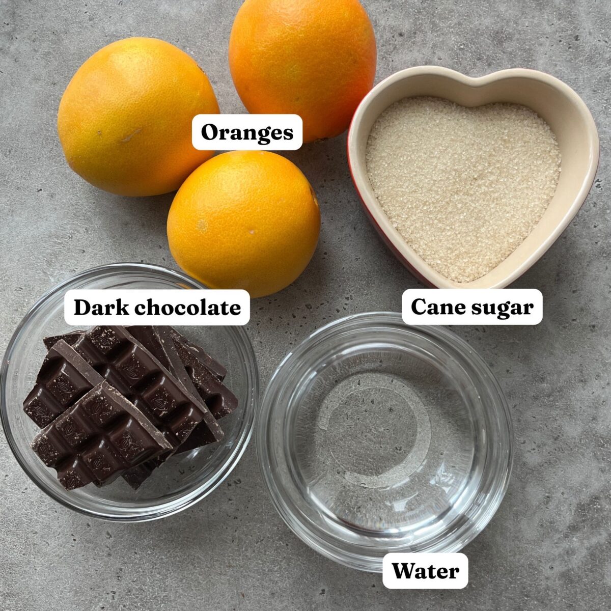 Three whole oranges, a heart-shaped bowl of cane sugar, a bowl of dark chocolate pieces, and a bowl of water are arranged on a gray surface, each ingredient labeled.