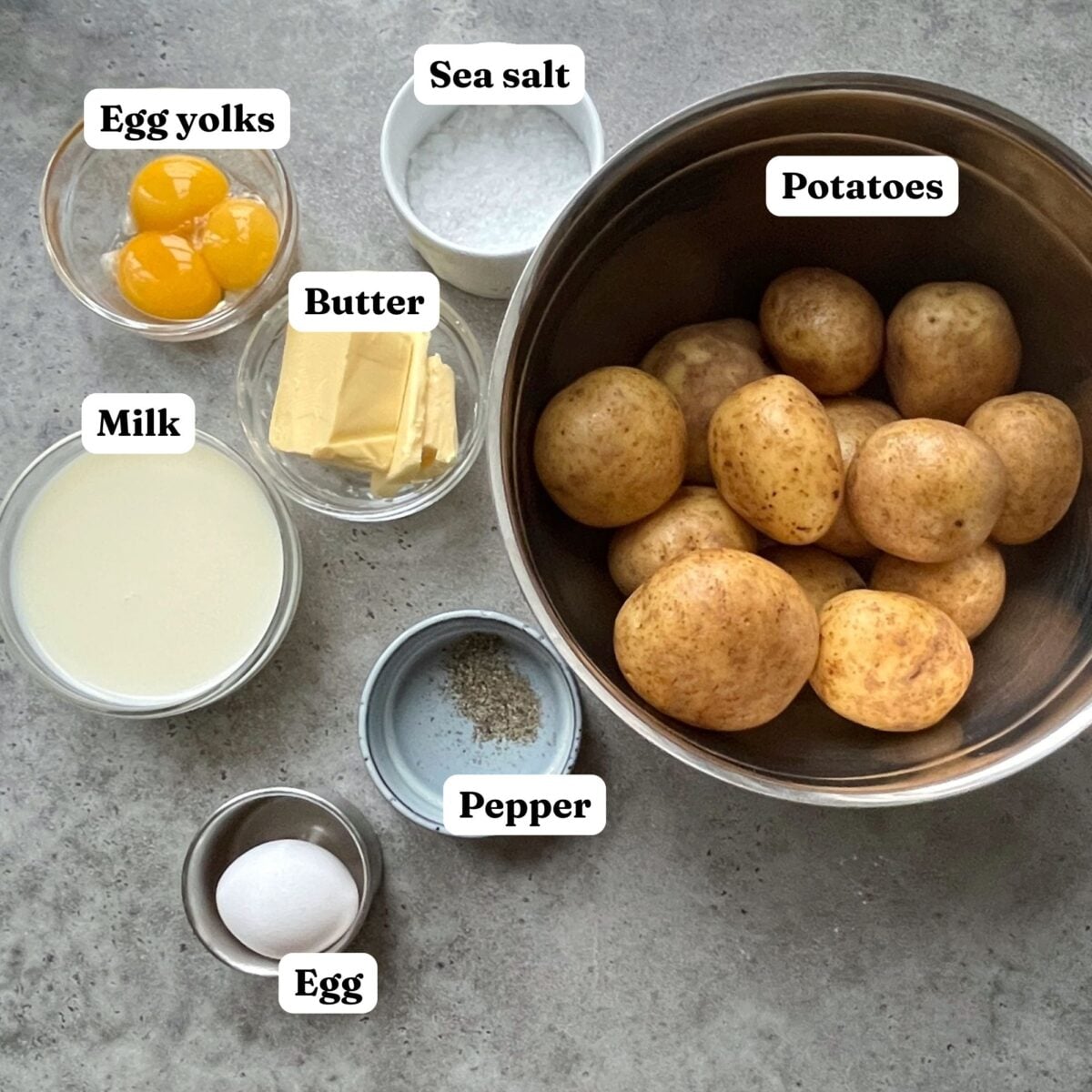 A bowl of potatoes, a whole egg, three egg yolks, milk, butter, sea salt, and pepper are arranged on a gray surface, each labeled with text.