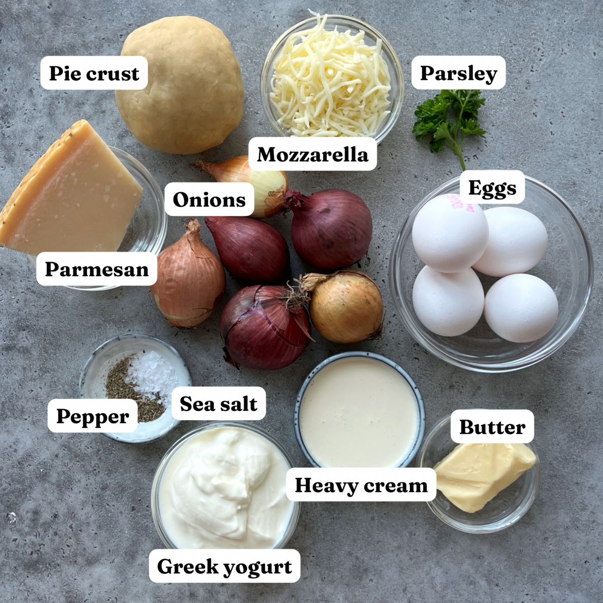 Labeled ingredients for a Caramelized Onion Quiche recipe shown on a gray surface, including pie crust, cheeses, onions, eggs, parsley, seasonings, butter, heavy cream, and Greek yogurt.