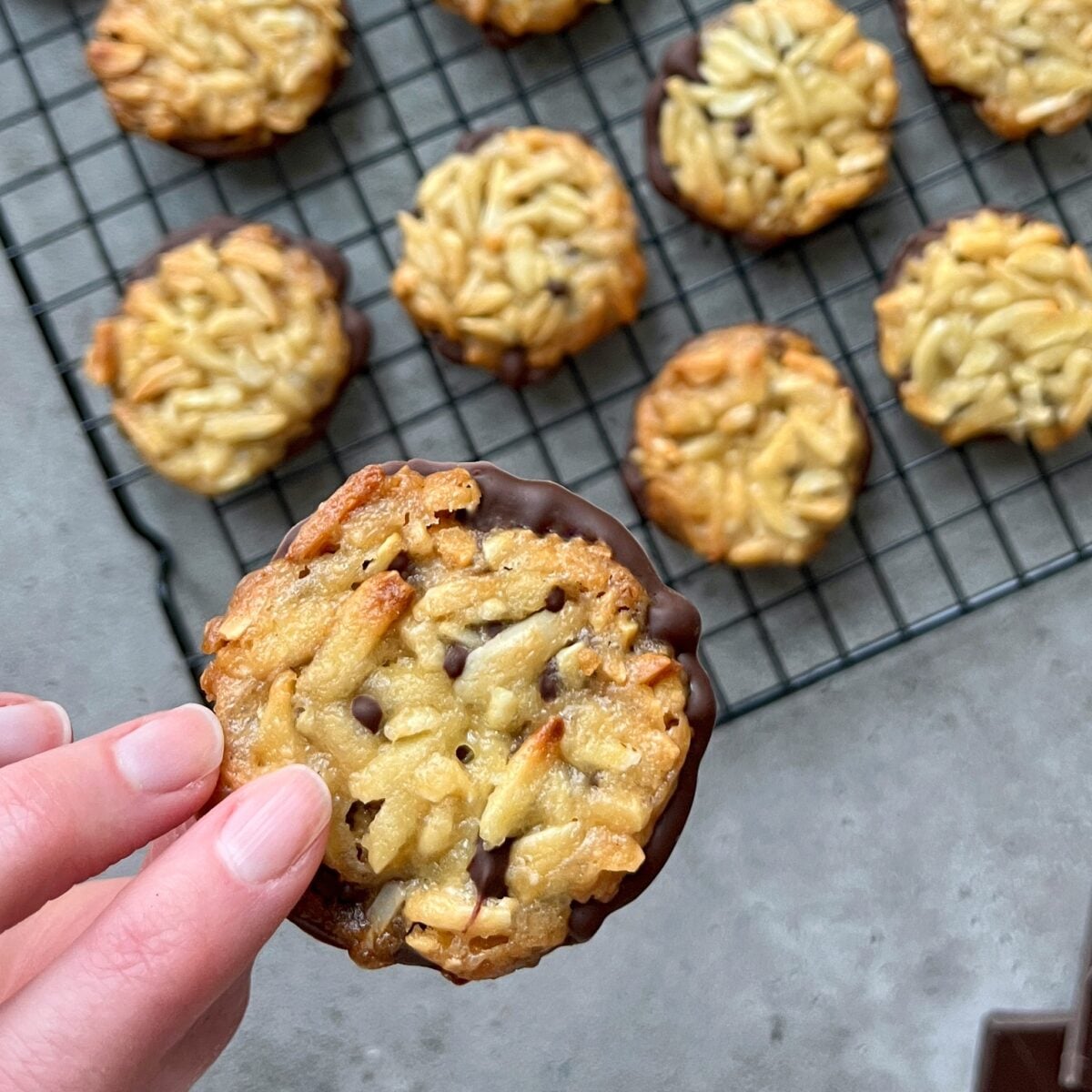 A hand holding a Florentine cookie with chocolate on the bottom, with several similar Florentines cooling on a wire rack in the background.