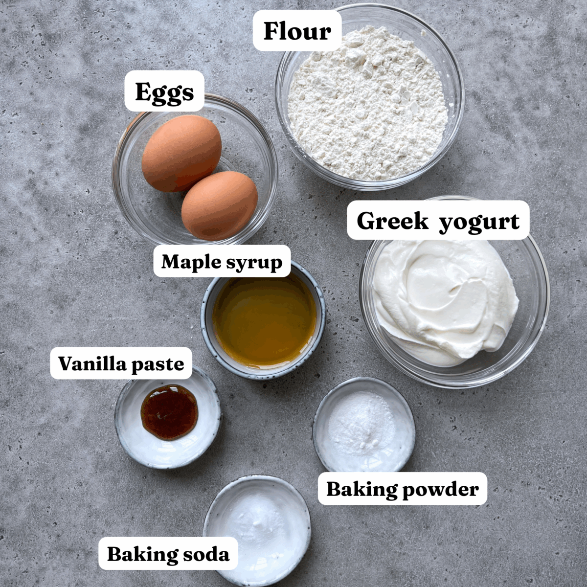 Seven labeled ingredients for baking Greek Yogurt Pancakes are displayed in small bowls: flour, eggs, Greek yogurt, maple syrup, vanilla paste, baking powder, and baking soda on a gray surface.