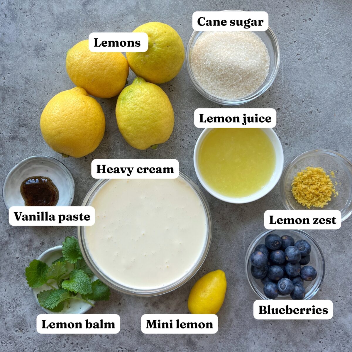 Top-down view of ingredients for Lemon Posset on a gray surface, including lemons, cane sugar, heavy cream, lemon juice, lemon zest, vanilla paste, lemon balm, a mini lemon, and blueberries.
