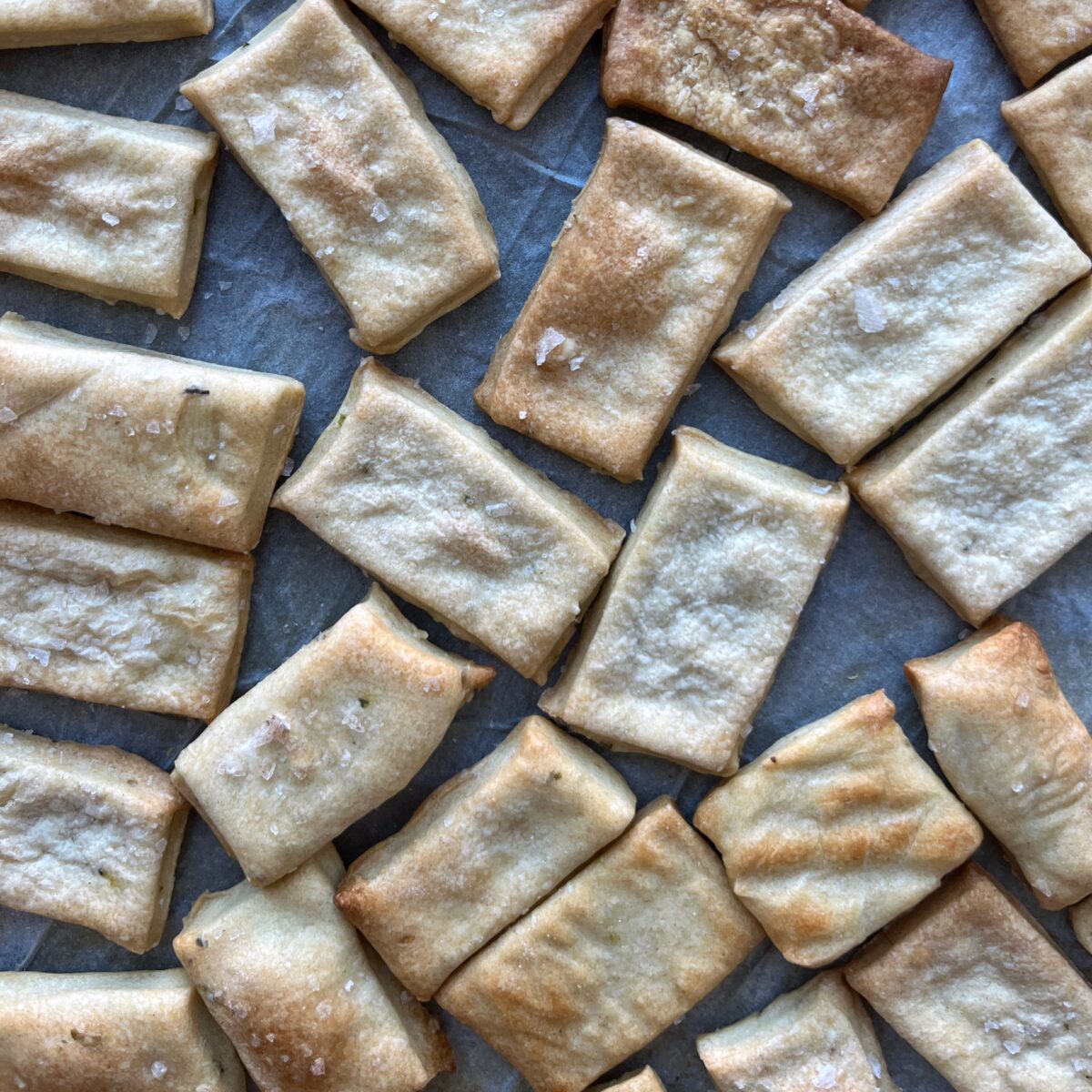 Rectangular homemade crackers with a lightly golden, baked appearance and coarse salt sprinkled on top, arranged on parchment paper.