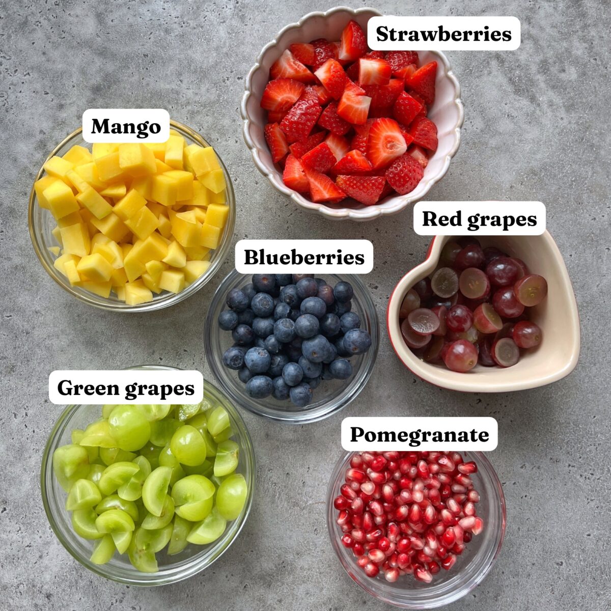 Six bowls of fruit including strawberries, mango, red grapes, green grapes, blueberries, and pomegranate arils are arranged on a gray surface, each labeled.