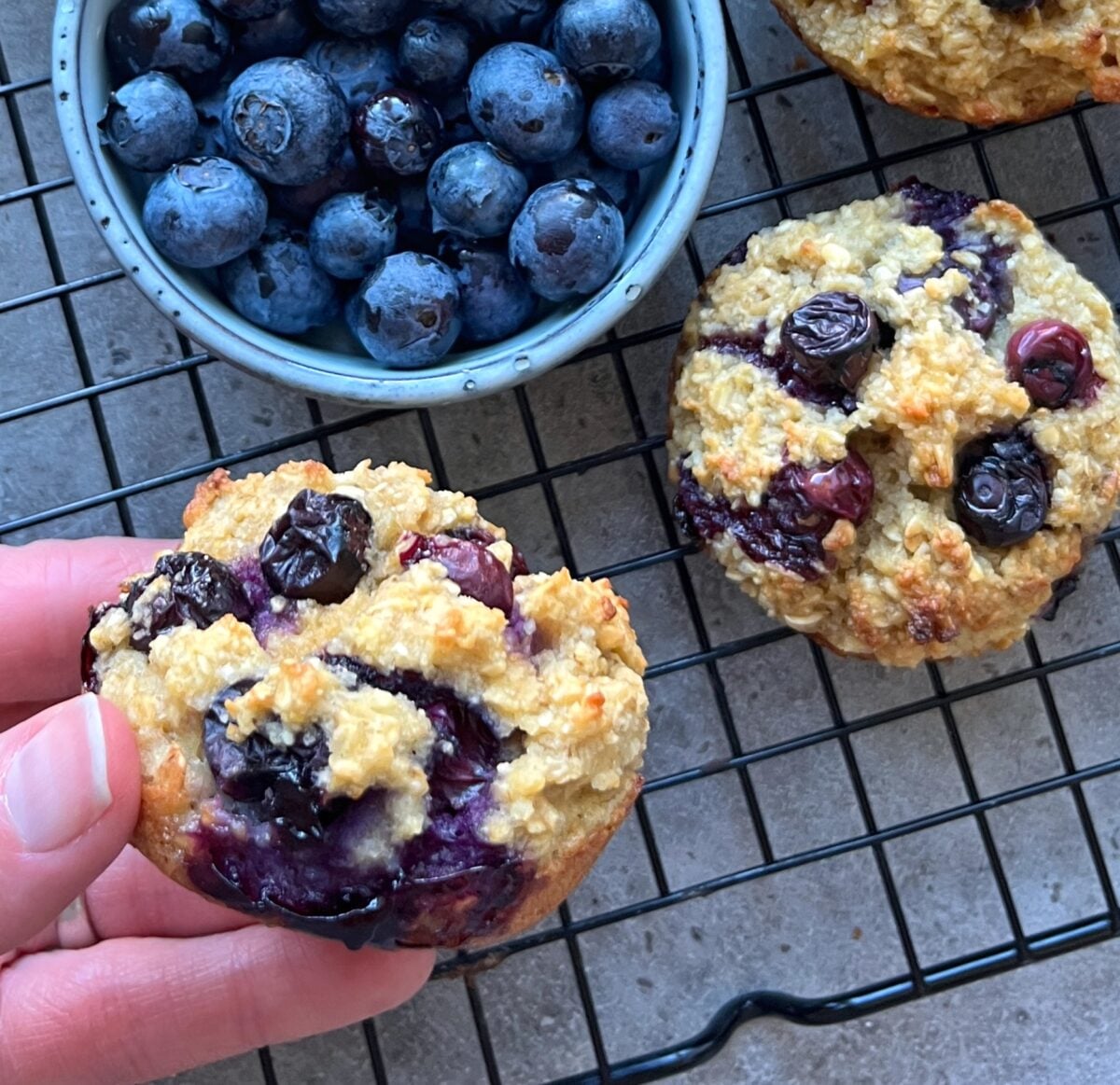 A hand holds a blueberry muffin next to a bowl of fresh blueberries and more muffins, all resting on a black wire cooling rack.