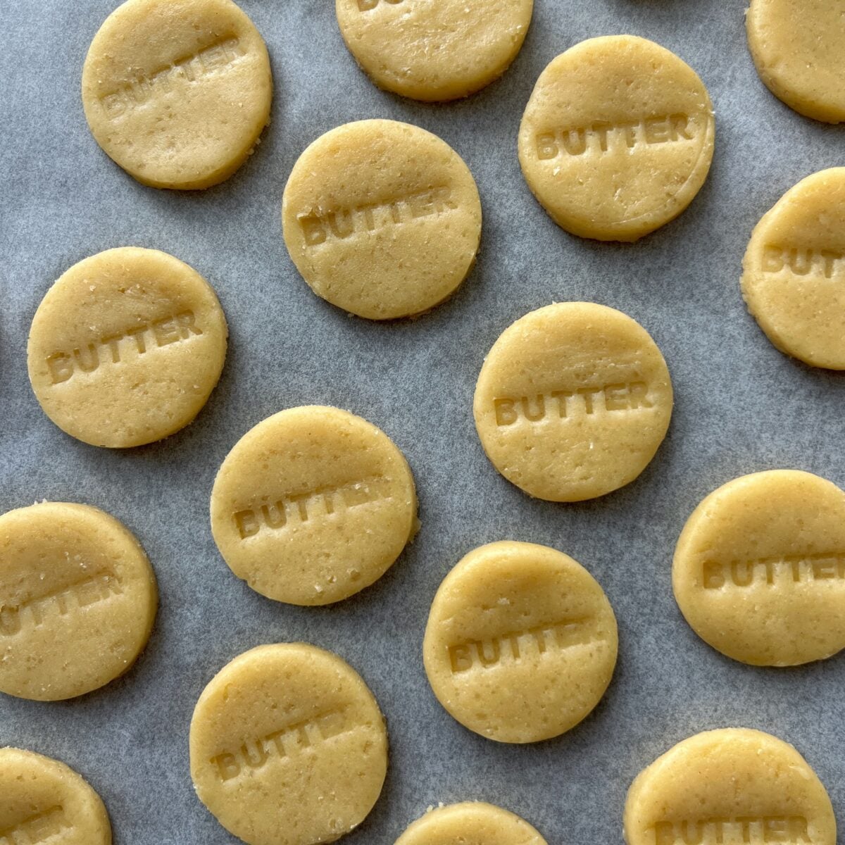Round unbaked cookies stamped with the word BUTTER are arranged on parchment paper in a grid pattern.