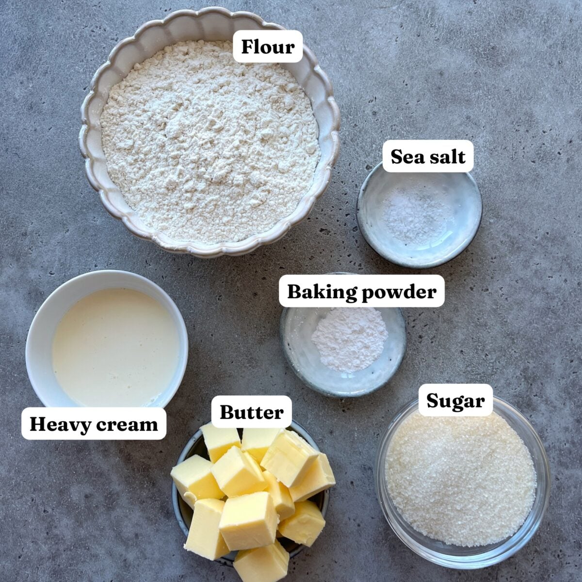 Six labeled ingredients on a gray surface: a bowl of flour, a bowl of sea salt, a bowl of baking powder, cubed butter, a bowl of sugar, and a bowl of heavy cream.