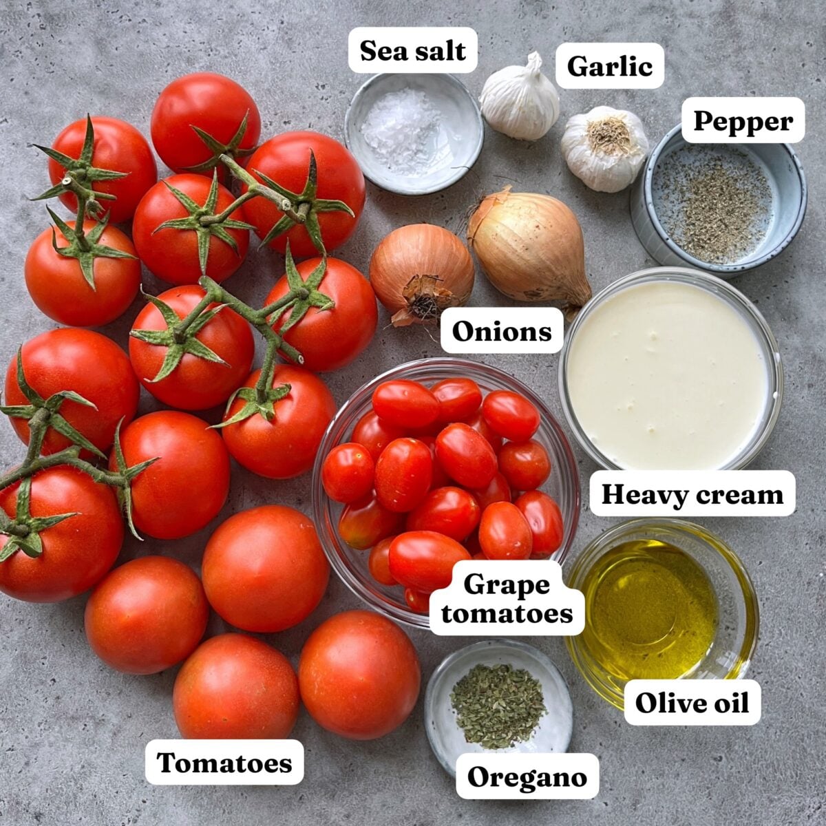A flat lay of tomatoes, grape tomatoes, onions, garlic, sea salt, pepper, heavy cream, olive oil, and oregano on a gray surface.