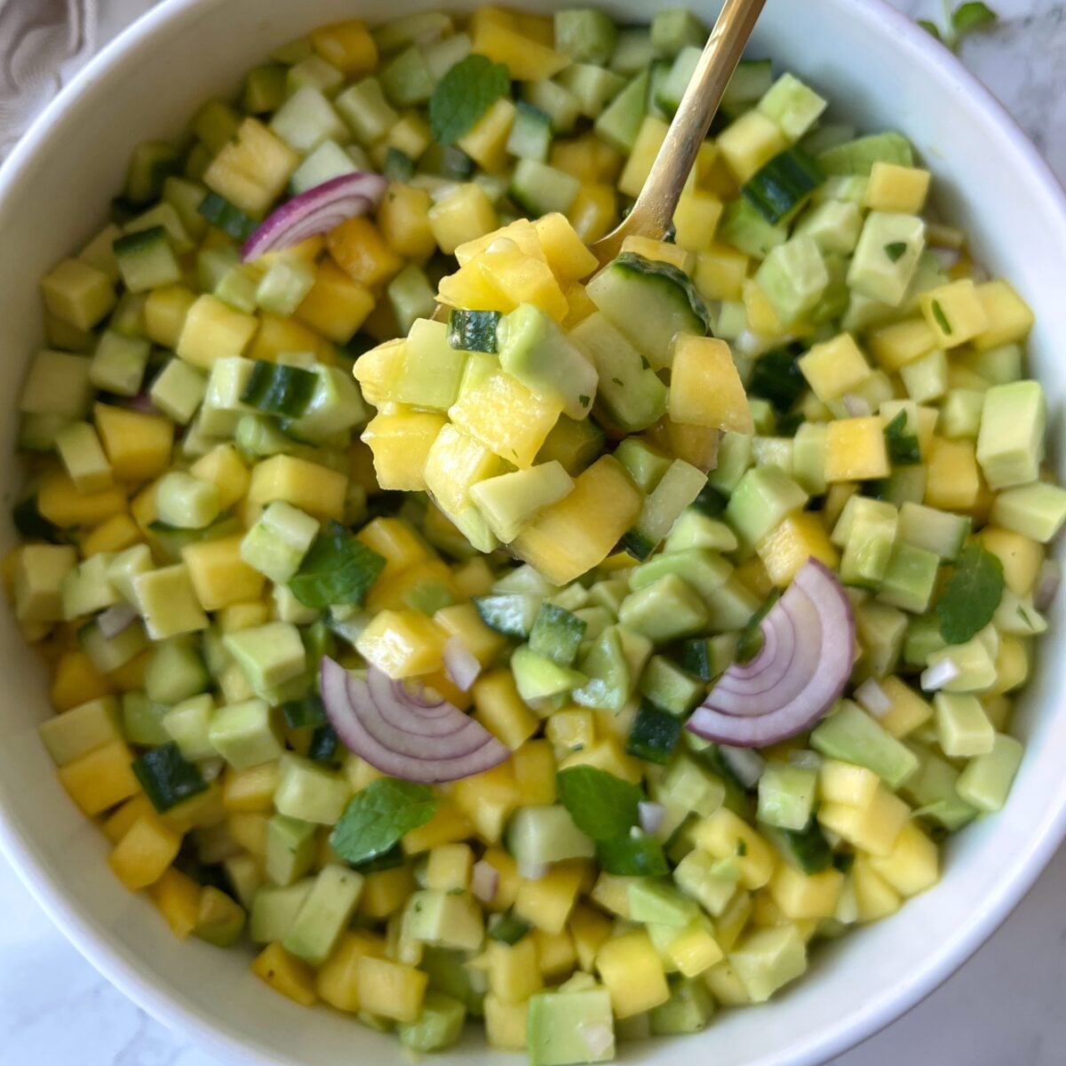 A bowl of diced mango, avocado, cucumber, red onion, and mint is displayed as a spoon lifts a portion.