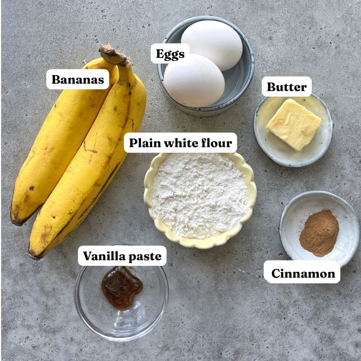 Top-down view of six labeled baking ingredients: bananas, eggs, butter, plain white flour, vanilla paste, and cinnamon.