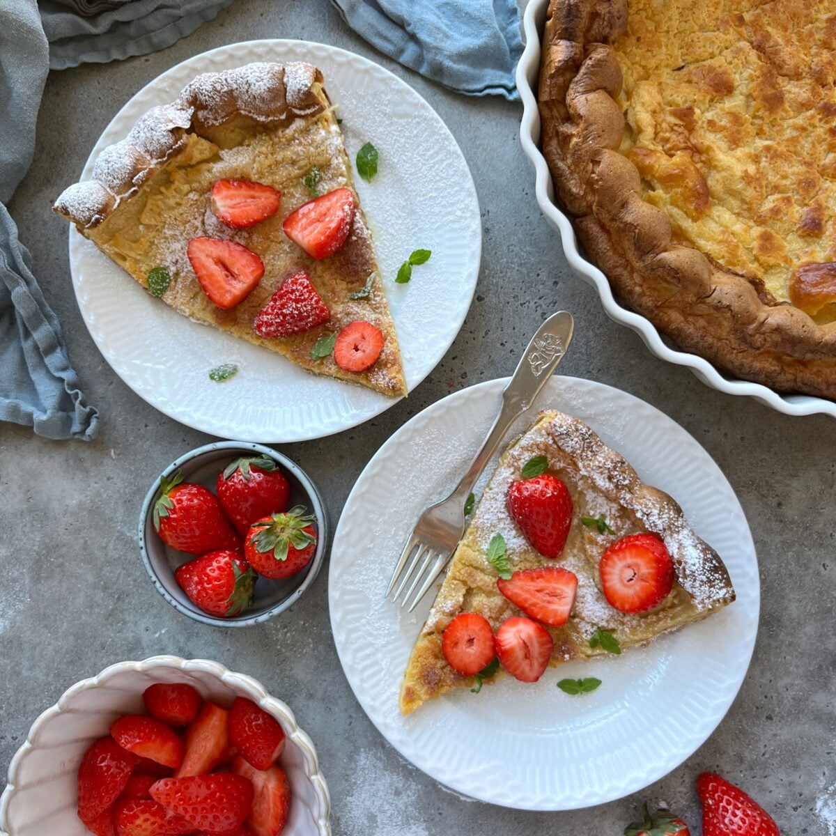 Two plates each with a slice of German pancake topped with sliced strawberries, powdered sugar, and mint, next to a whole pancake and bowls of fresh strawberries on a gray surface.