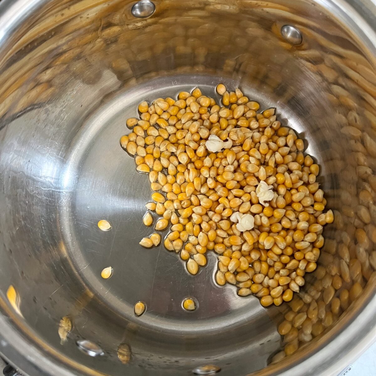 A small pile of unpopped popcorn kernels sits at the bottom of a stainless steel pot amongst three popped kernels.