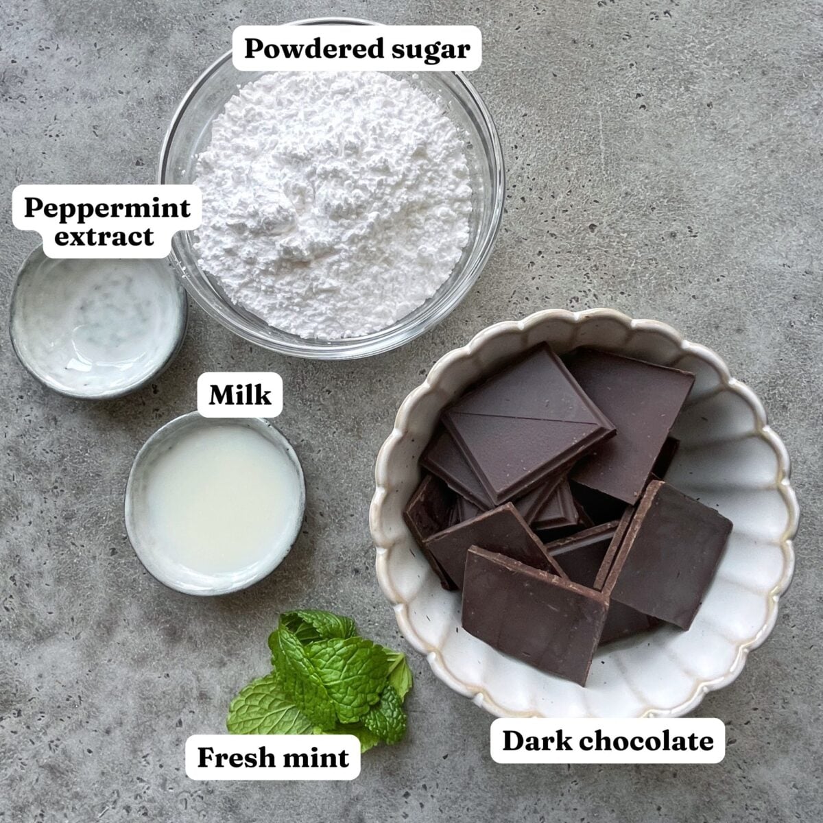 A bowl of powdered sugar, a bowl of dark chocolate pieces, small dishes of milk and peppermint extract, and a sprig of fresh mint are arranged on a gray surface.