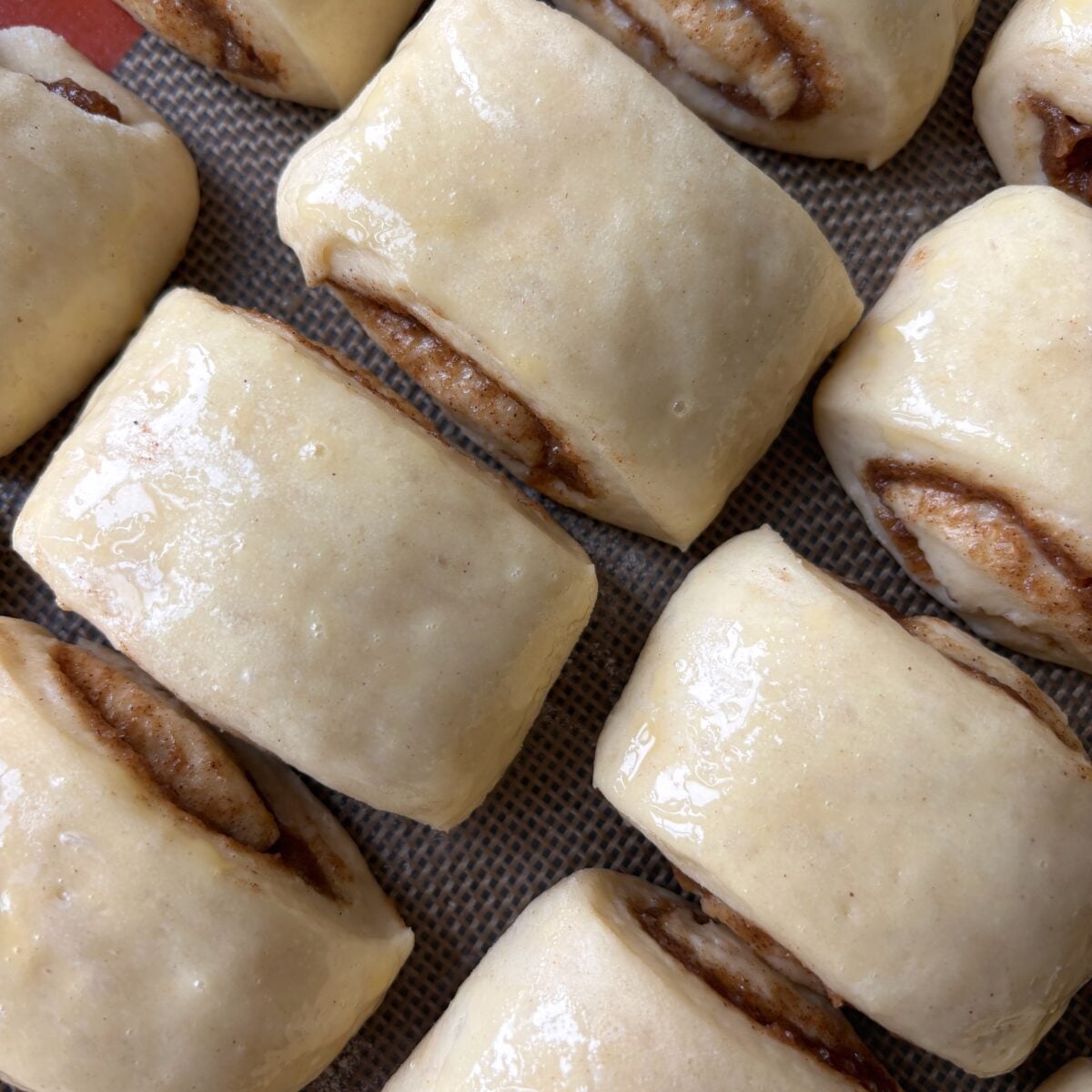 Proved mini cinnamon rolls brushed with egg wash, ready to be baked.